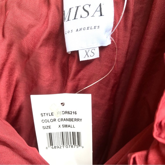 MISA Los Angeles Lucien Dress Off Shoulder Mini Satin Ruffle Cranberry Sz XS - Picture 6 of 11